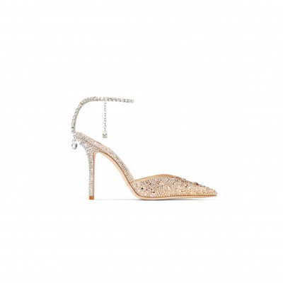 JIMMY CHOO SAEDA 100 GOLD SATIN PUMPS WITH CRYSTALS SAEDA100ZPJ